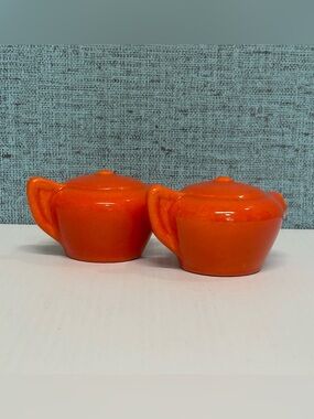 Vintage MCM Franciscan Pottery Flame Orange Teapot Salt & Pepper Shakers